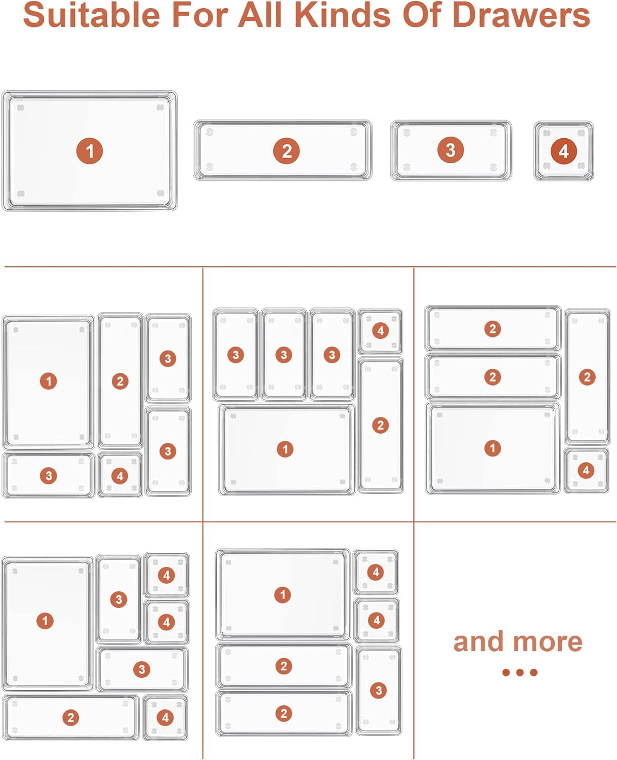 22-Piece Drawer Organizer with Non-Slip Silicone Pads, 4-Size Clear Desk Drawer Organizer Trays Storage 