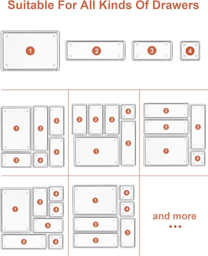 22-Piece Drawer Organizer with Non-Slip Silicone Pads, 4-Size Clear Desk Drawer Organizer Trays Storage 