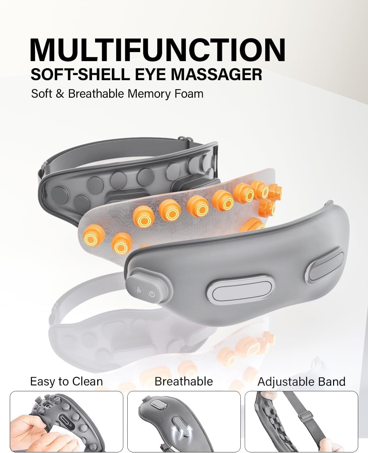 Eye Massager with Heat Migraine Relief Heated Eye Mask Vibration Compression Music Massager Improve Sleep Gifts for Women Men (Grey)