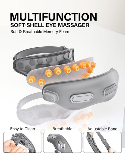 Eye Massager with Heat Migraine Relief Heated Eye Mask Vibration Compression Music Massager Improve Sleep Gifts for Women Men (Grey)