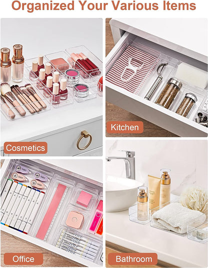 22-Piece Drawer Organizer with Non-Slip Silicone Pads, 4-Size Clear Desk Drawer Organizer Trays Storage 