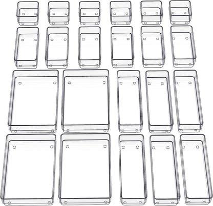 22-Piece Drawer Organizer with Non-Slip Silicone Pads, 4-Size Clear Desk Drawer Organizer Trays Storage 