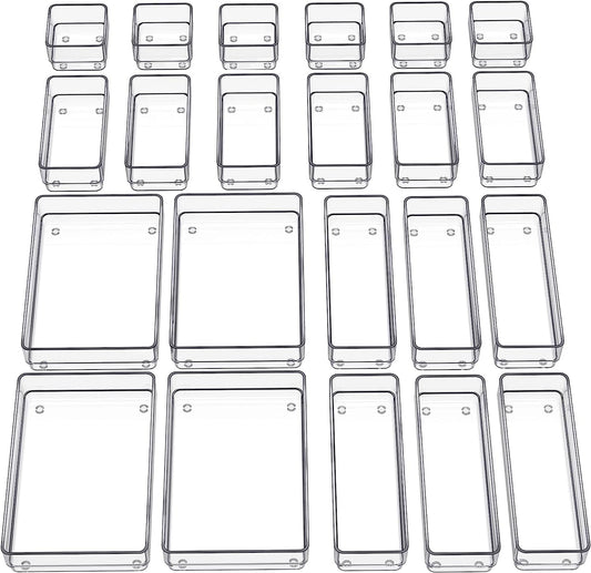 22-Piece Drawer Organizer with Non-Slip Silicone Pads, 4-Size Clear Desk Drawer Organizer Trays Storage 