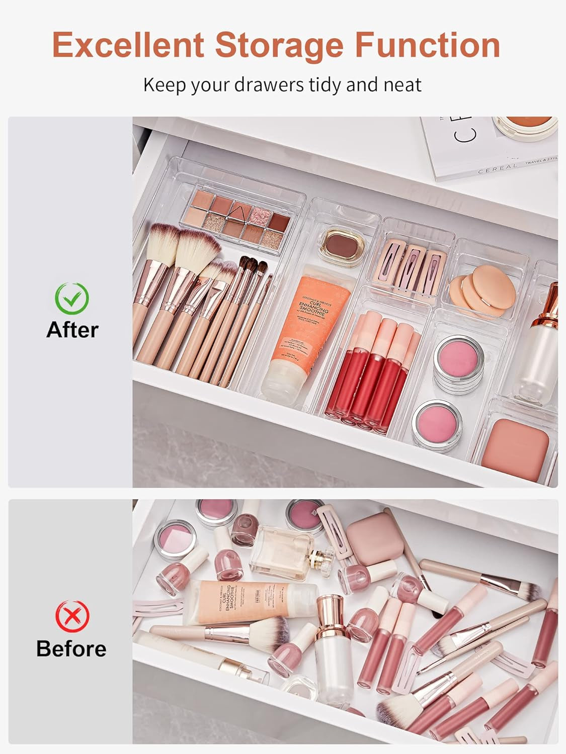 22-Piece Drawer Organizer with Non-Slip Silicone Pads, 4-Size Clear Desk Drawer Organizer Trays Storage 